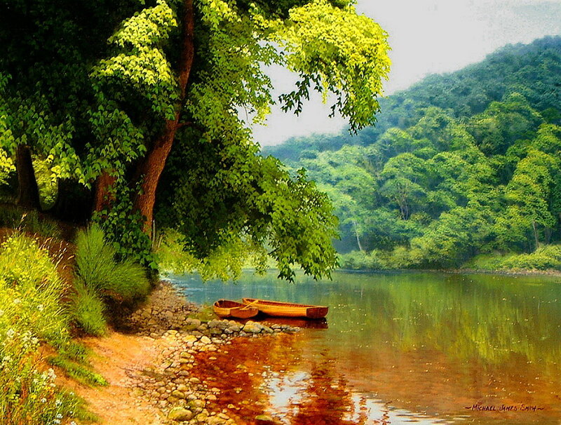 Canoes on Riverbank