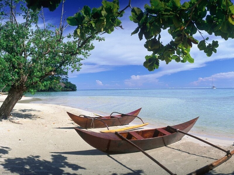 Canoes on Tropical Beach — Blue, Serene