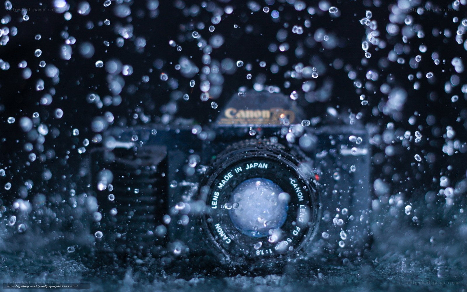 Canon camera in water droplets