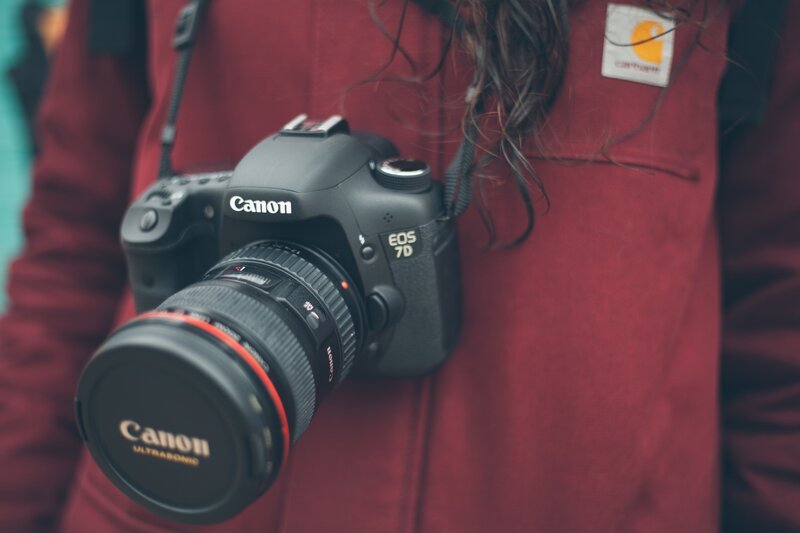 Canon camera on red jacket
