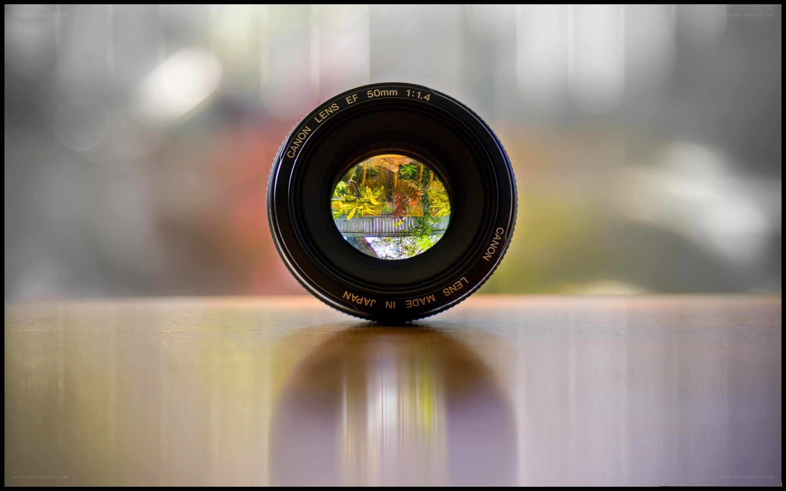Canon lens on a reflective surface