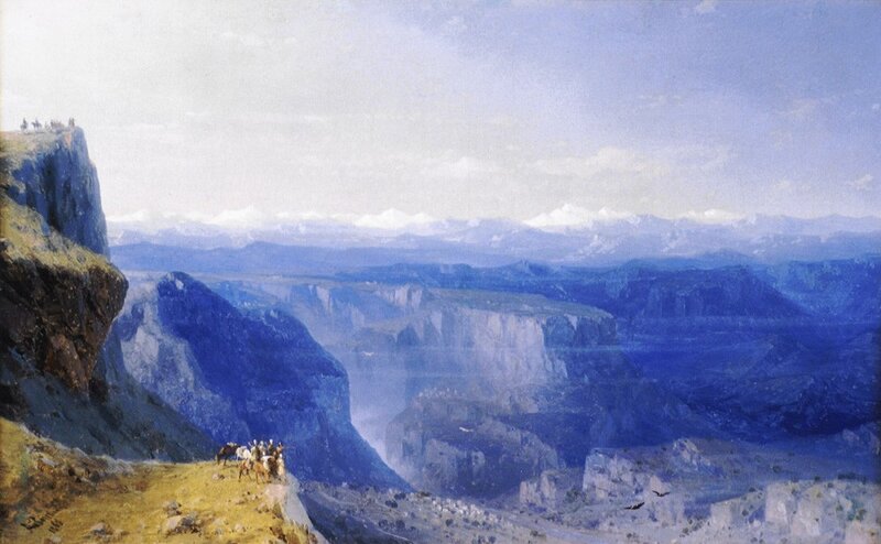 Canyon landscape with travelers