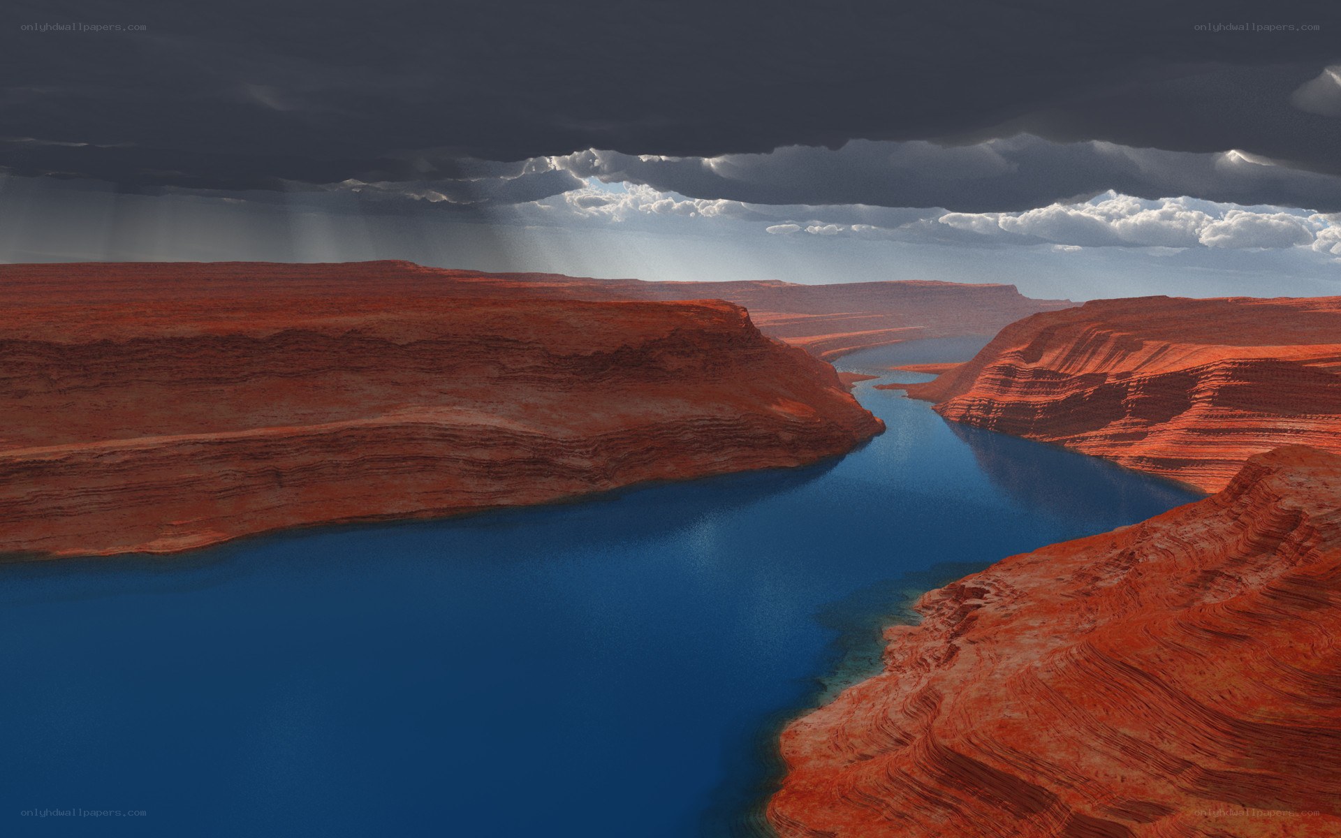 Canyon river under stormy sky