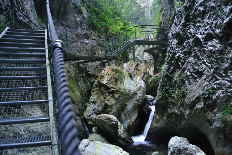 Canyon walkway with waterfall