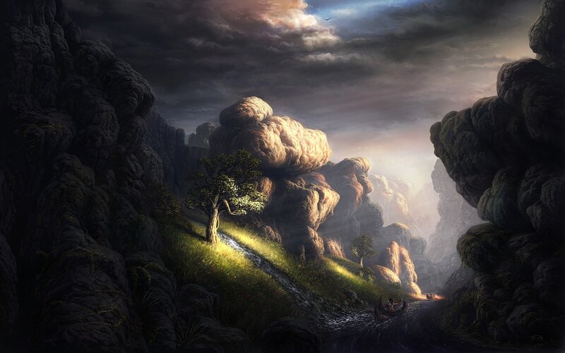 Canyon with glowing tree