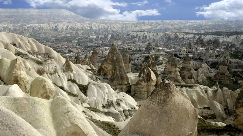 Cappadocia Rock Formations — White, Dramatic, Afternoon, Photograph, Town, Mountains
