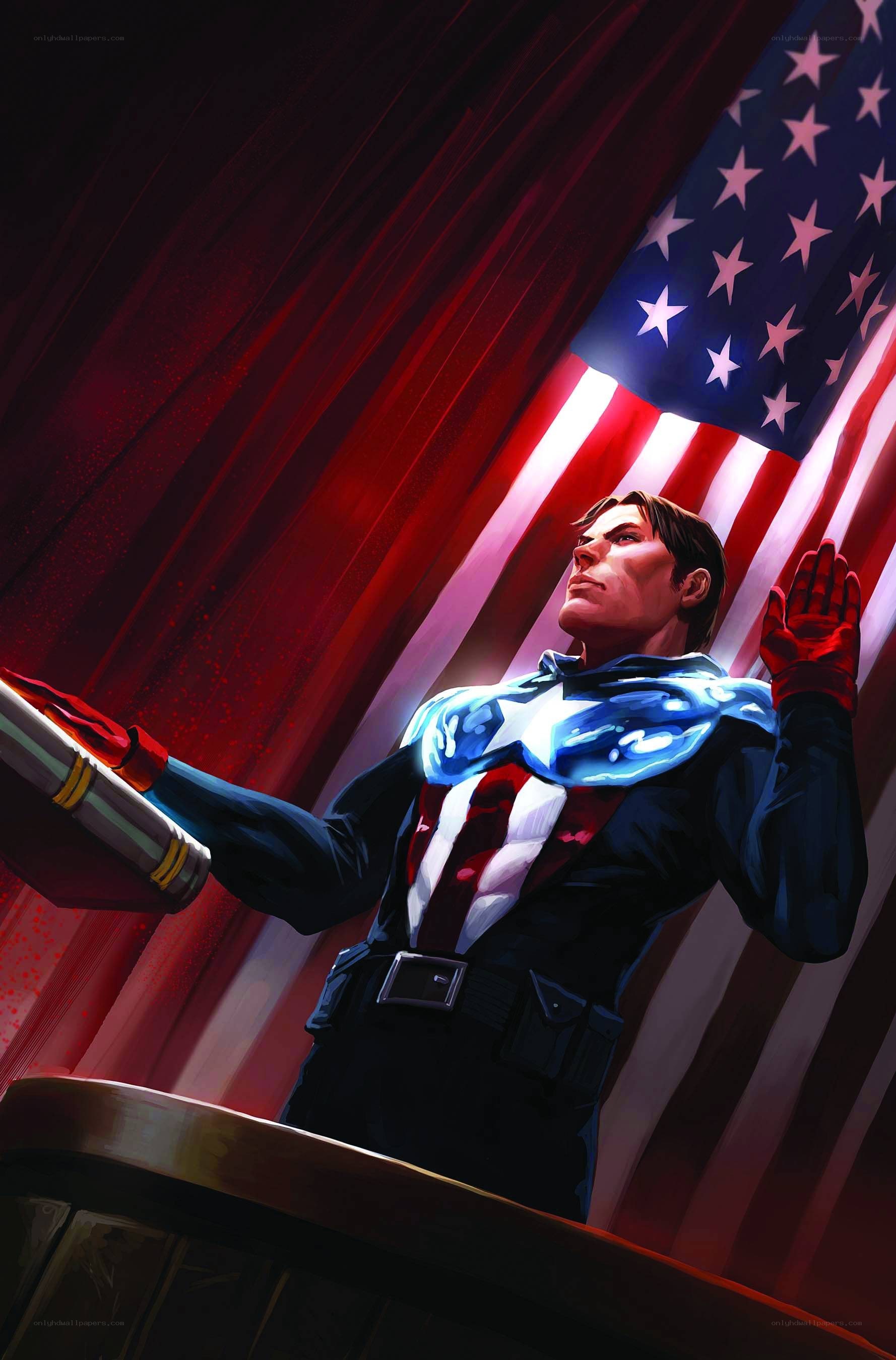 Captain America at a podium