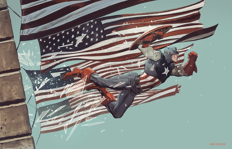 Captain America Flying — Blue, Dramatic, Comic