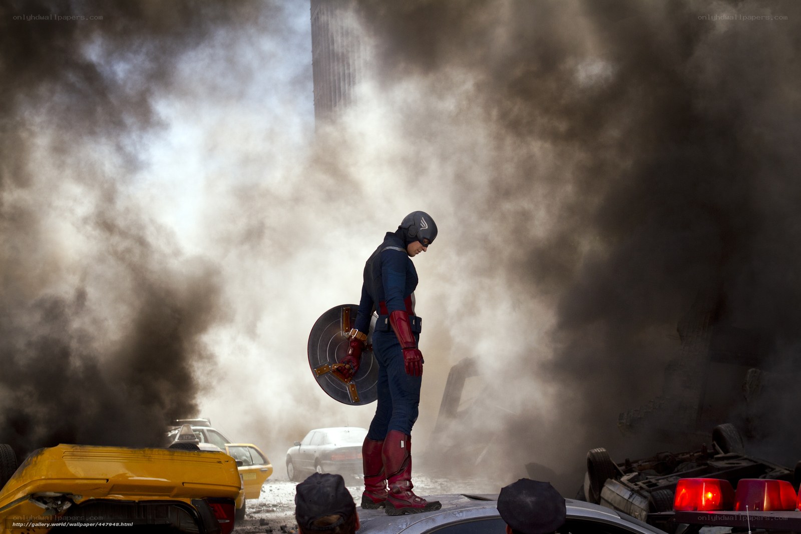 Captain America in a smoky city