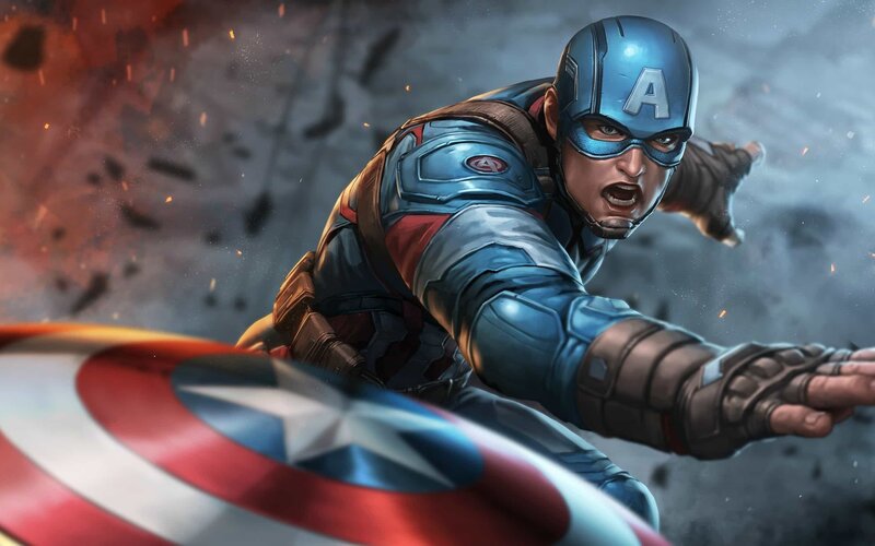 Captain America in Action — Blue, Dramatic, Digital Art, Shield, Explosion