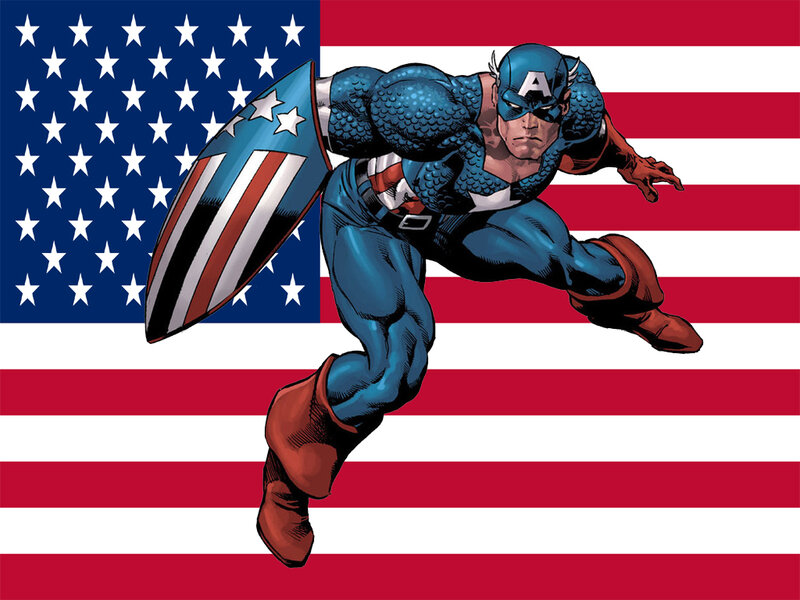 Captain America in Action — Red, Dramatic, Comic, Shield, American Flag