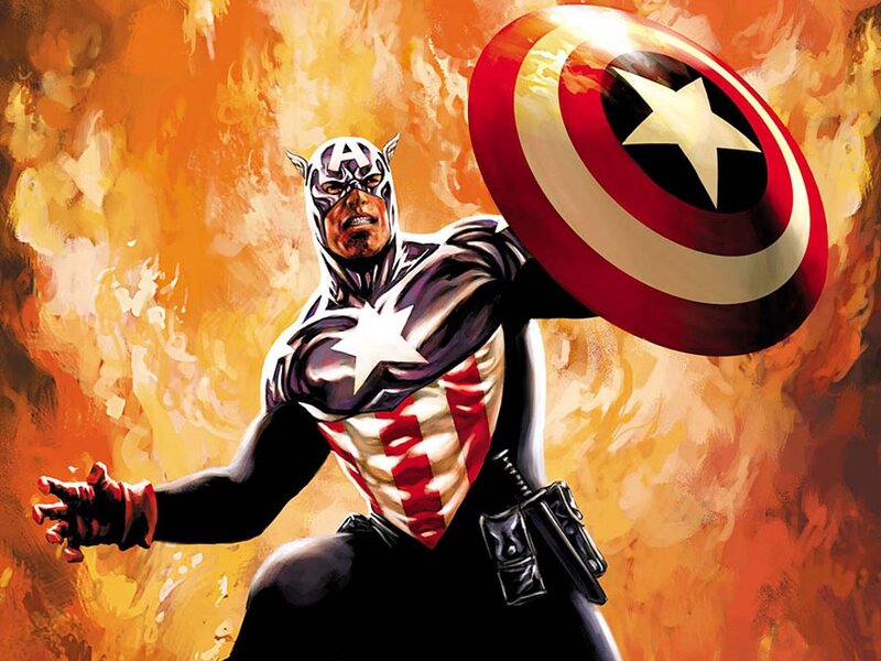 Captain America in Action — Red, Dramatic, Comic, Shield, Fire