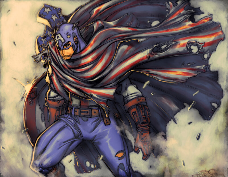 Captain America in Battle — Blue, Dramatic, Digital Art, Shield, Cape