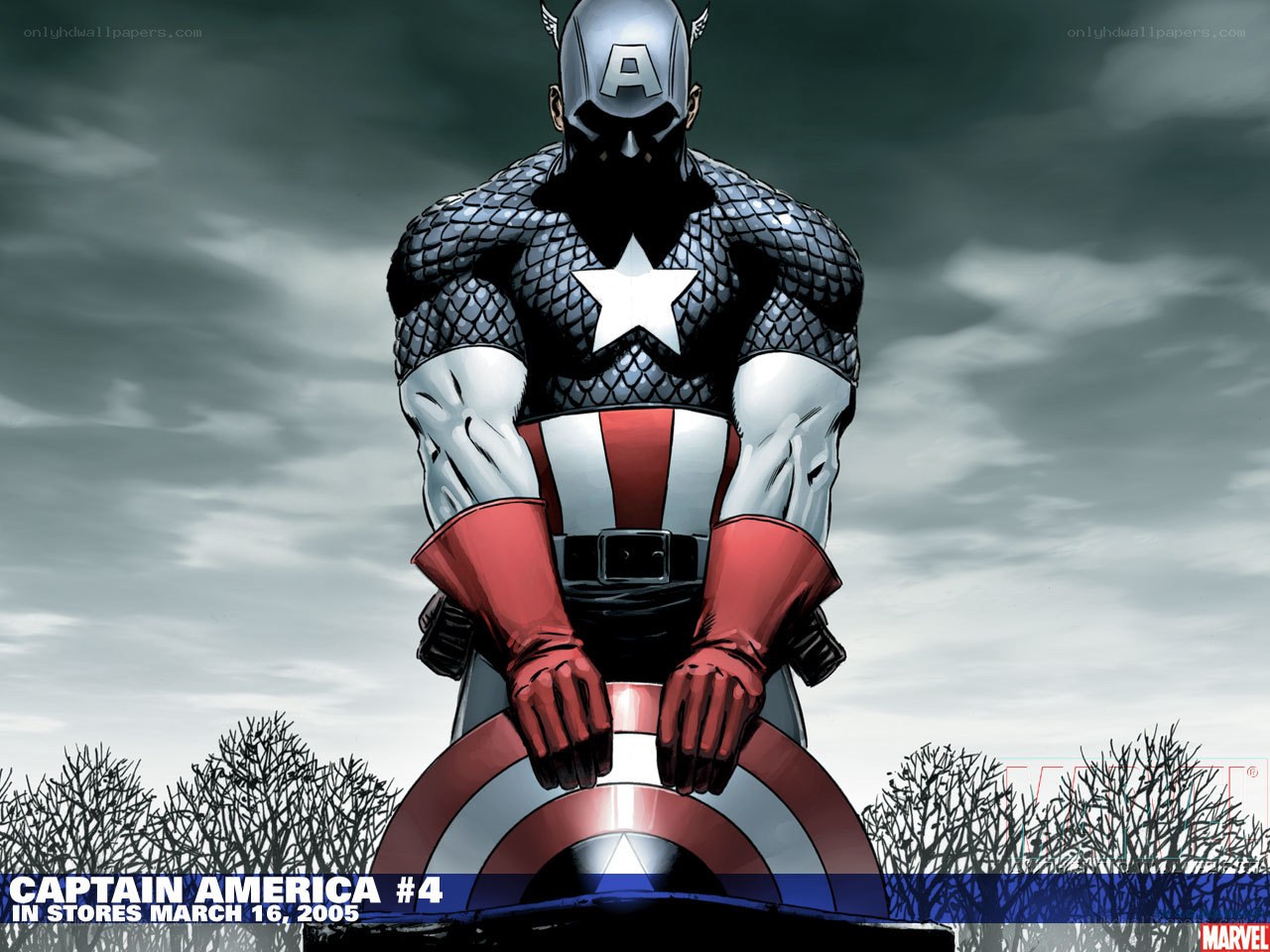 Captain America stands with shield
