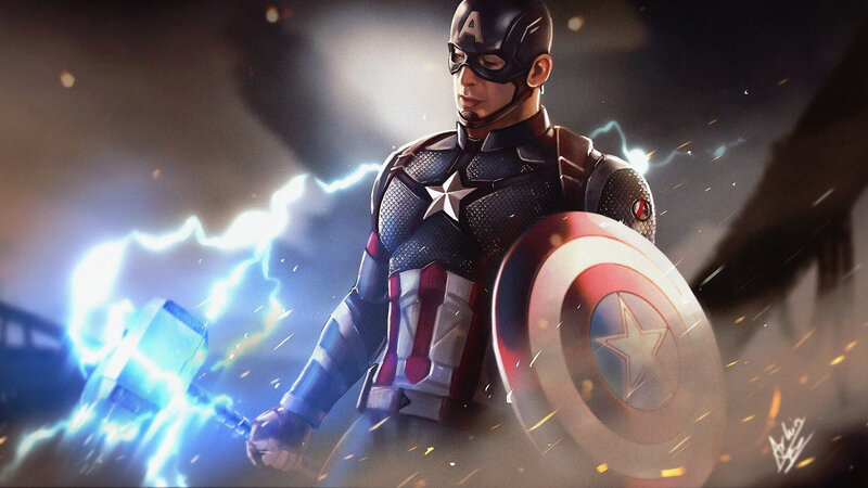 Captain America with Shield — Blue, Dramatic, Digital Art