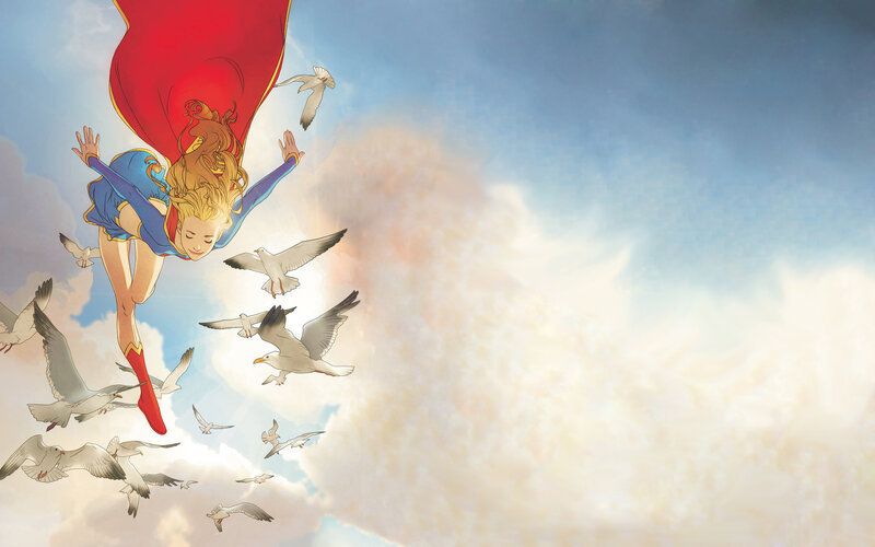 Captain Marvel flying with seagulls