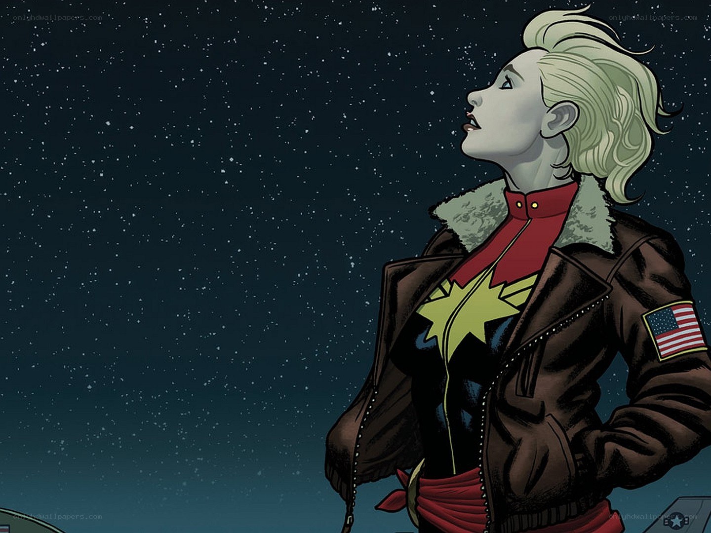 Captain Marvel gazes at stars