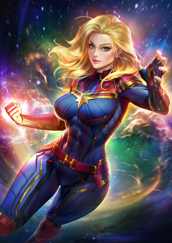 Captain Marvel in Space — Blue, Dramatic, Digital Art