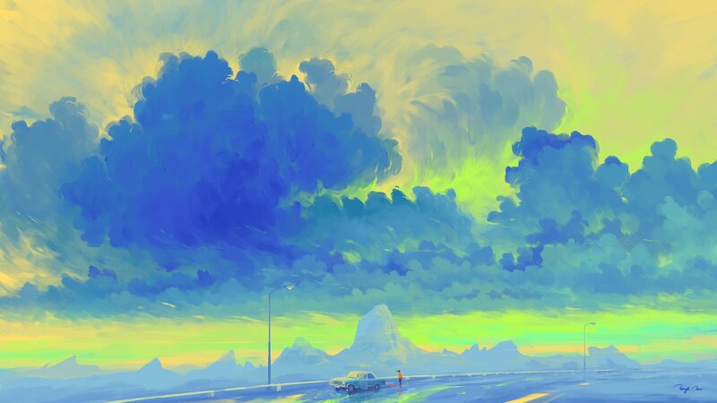Car and Person on Road — Blue