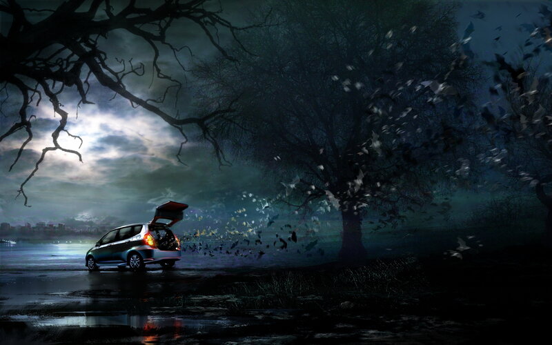 Car at night near a lake
