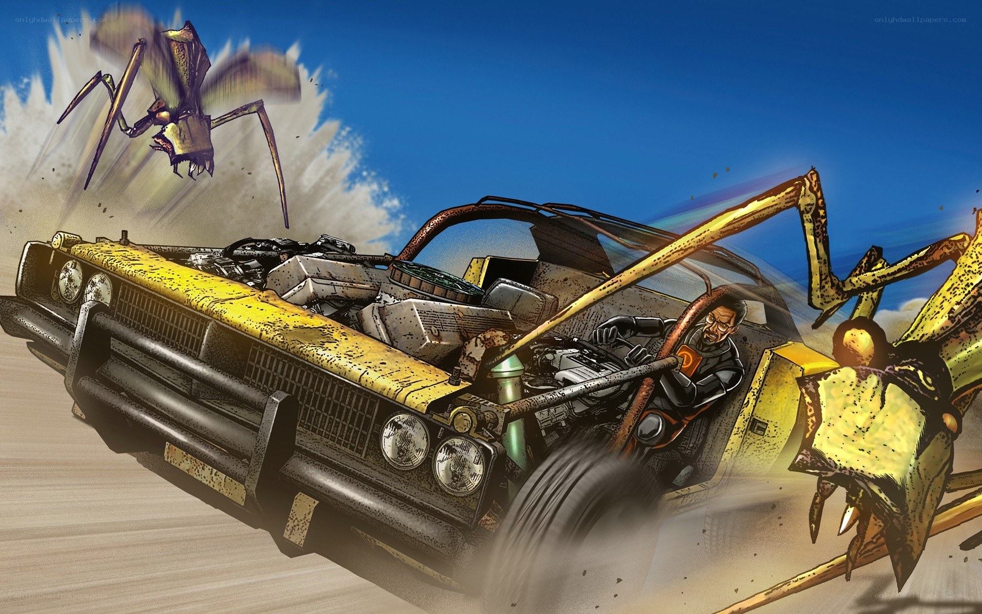 car chase with giant insects
