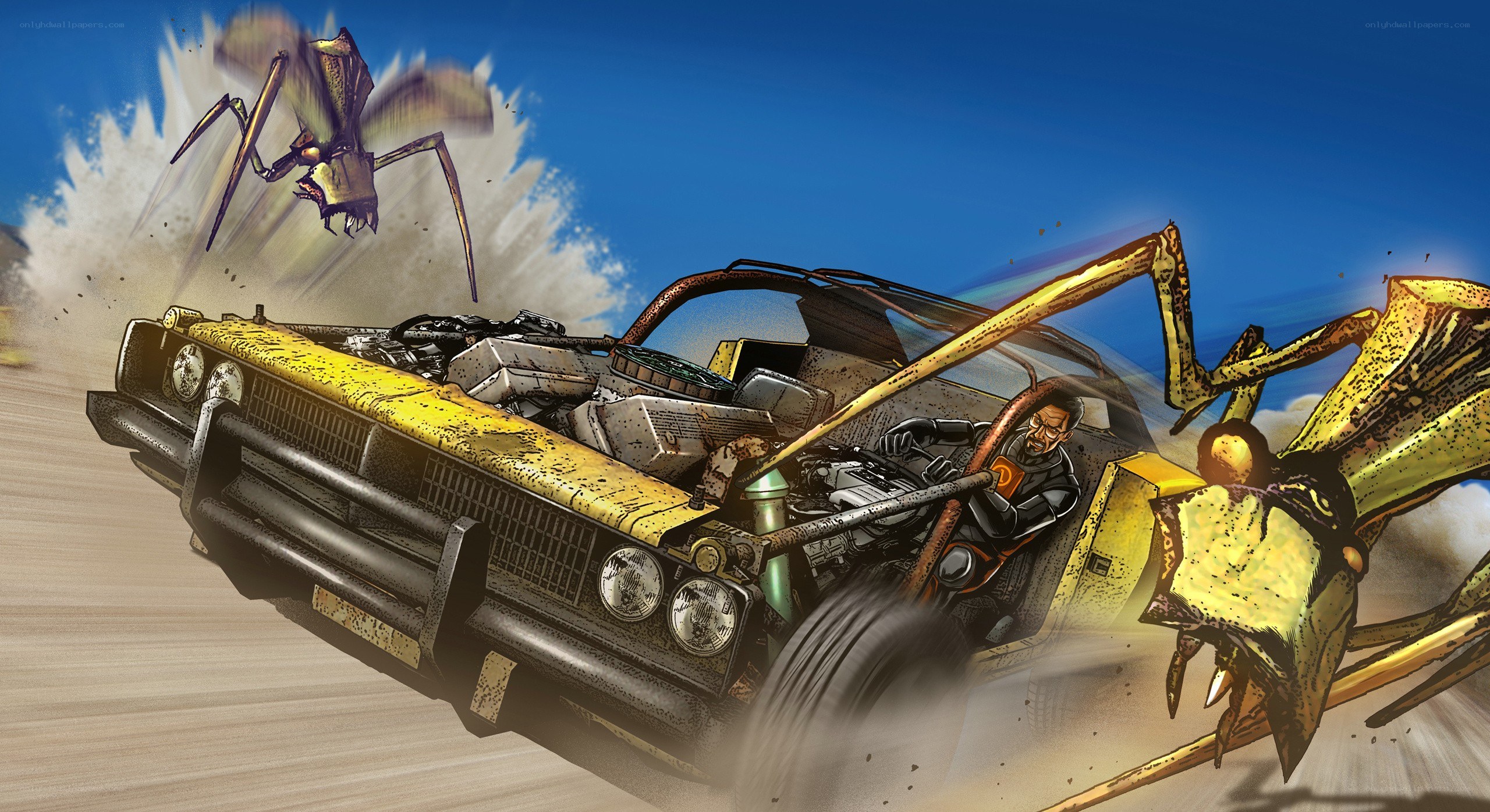 car chase with giant insects