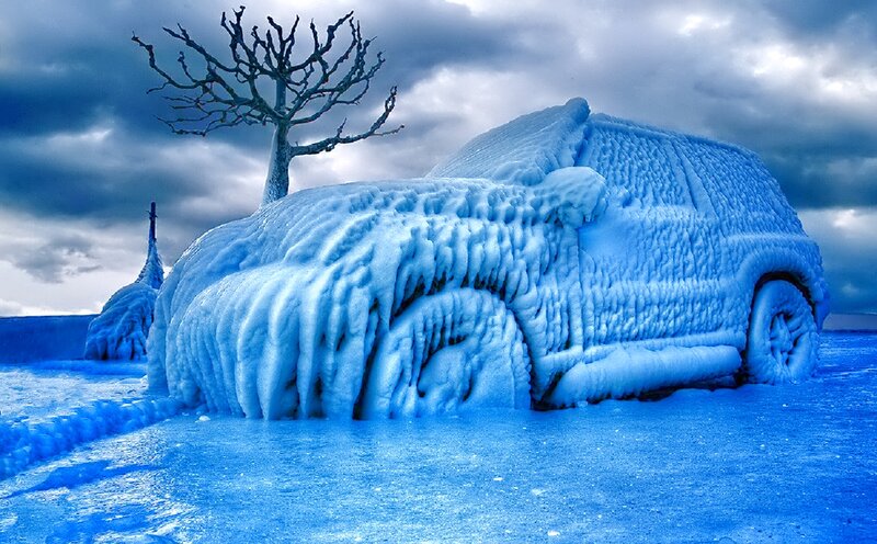 Car Covered in Ice — Blue