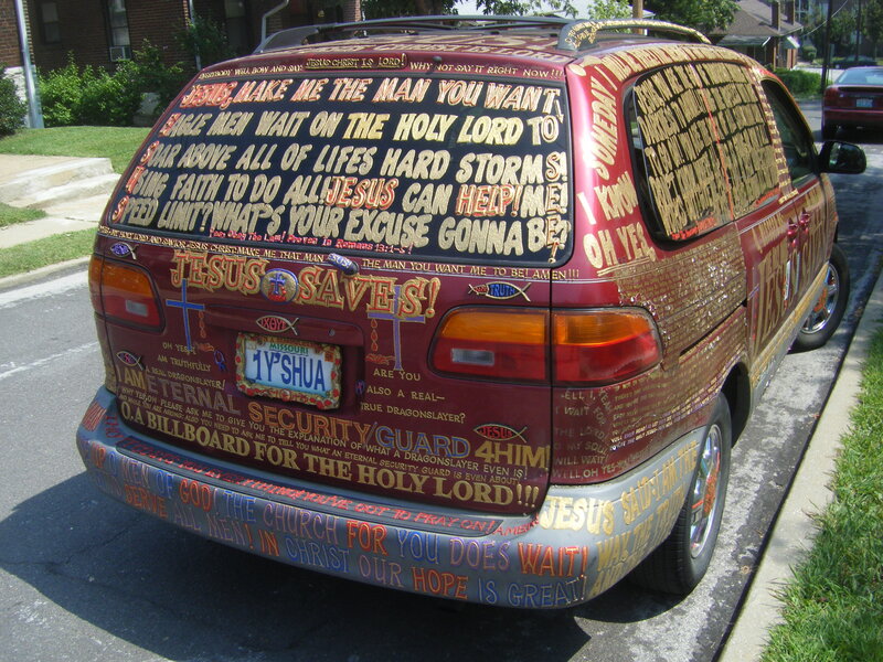car covered in religious text