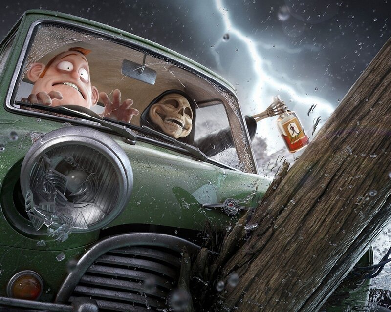 Car crash with skeleton driver