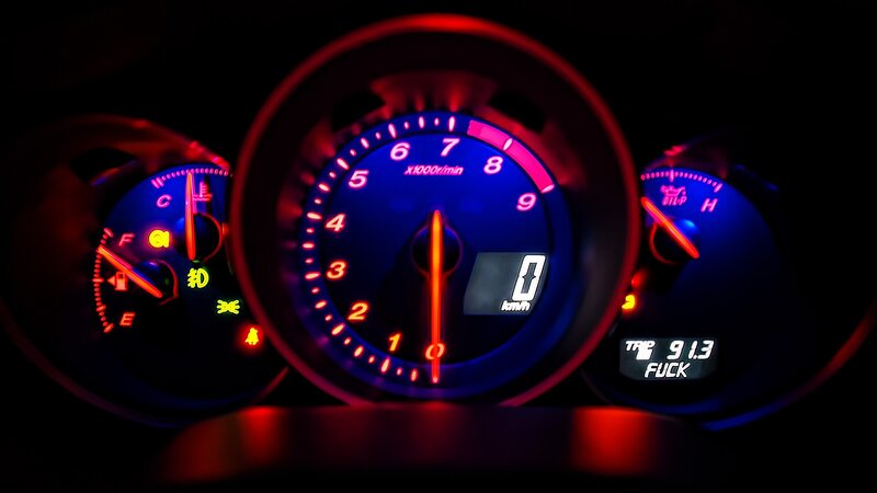 Car Dashboard at Night — Black, Dark, Photograph, Gauges