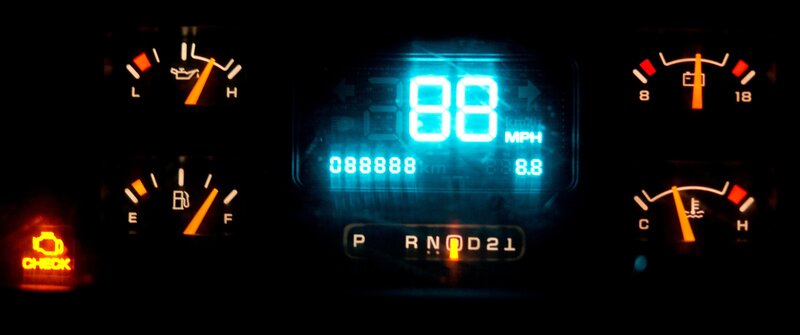 Car Dashboard at Night — Black, Dark, Photograph, Speedometer, Fuel Gauge