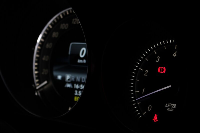 Car Dashboard at Night — Black, Dark, Photograph, Speedometer, Tachometer