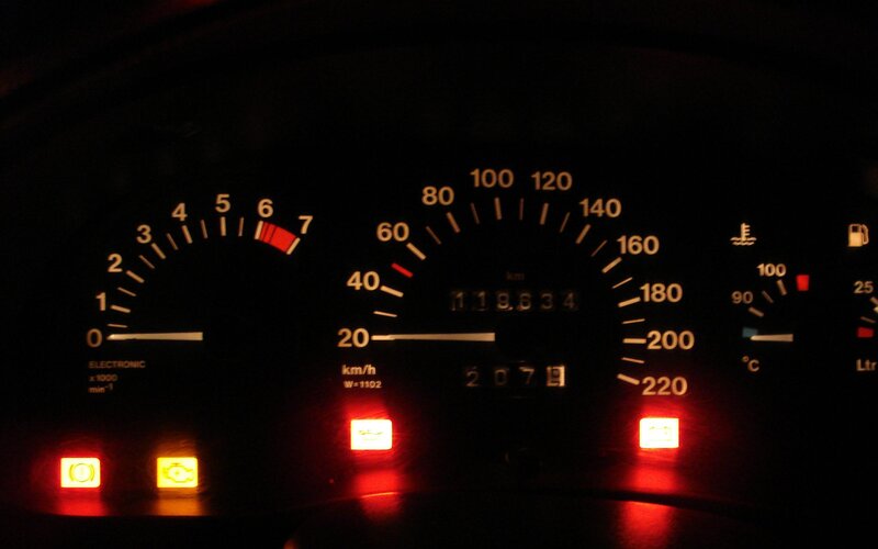 Car Dashboard at Night — Black, Dark, Photograph, Speedometer, Tachometer, Warning Lights