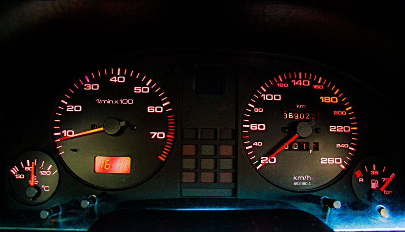 Car Dashboard at Night — Black, Dark, Photograph, Speedometer