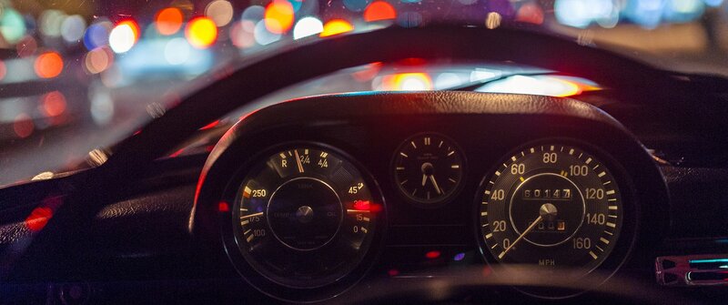 Car Dashboard at Night — Black, Dark, Photograph, Steering Wheel, City Lights