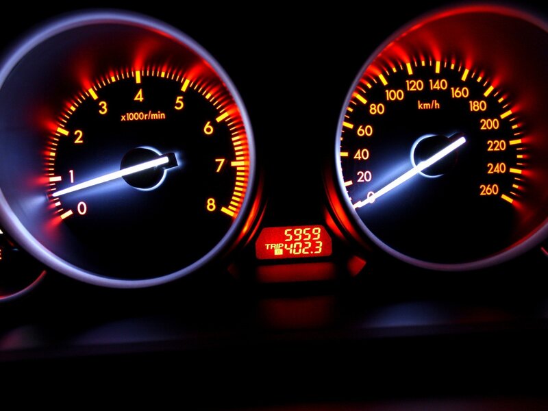 Car Dashboard Gauges — Red, Dark, Night, Photograph, Speedometer, Tachometer, Trip Meter