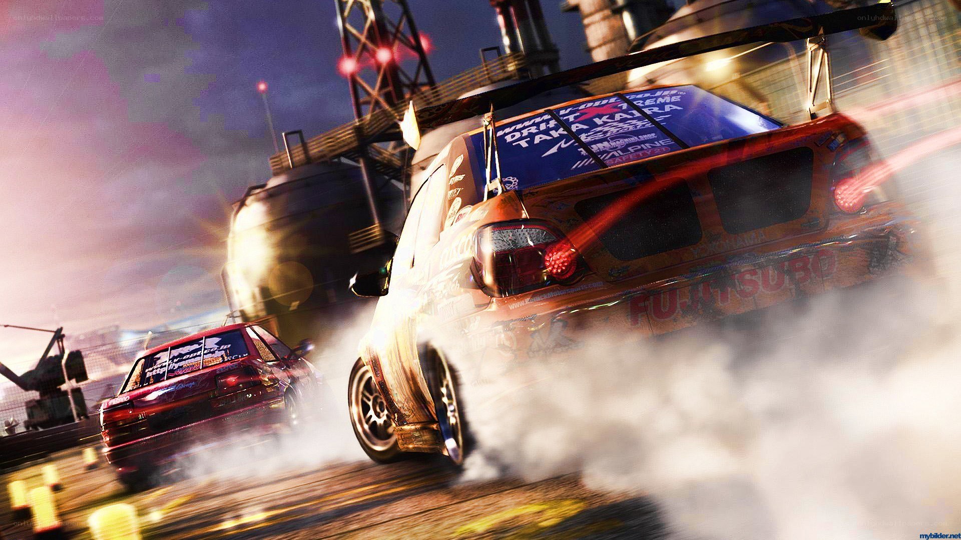 Car drifting in industrial area