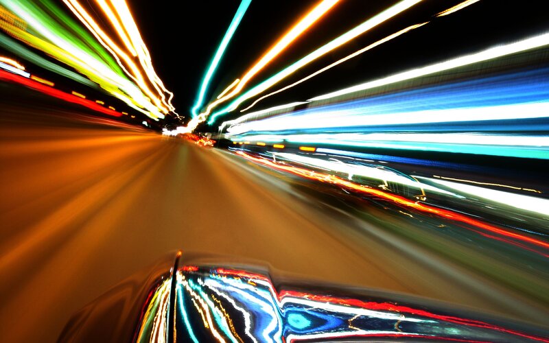 Car Driving at Night — Black, Dynamic, Photograph, Lights, Road, Car Hood