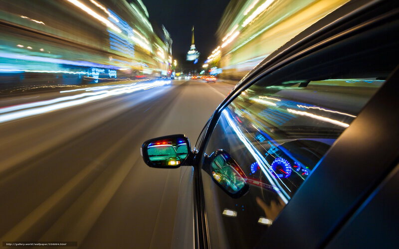 Car Driving at Night — Black, Dynamic, Photograph, Lights, Side Mirror