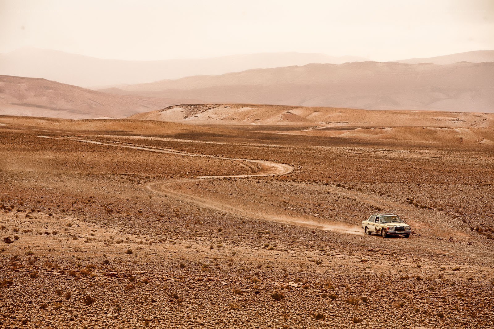 Car driving in desert landscape
