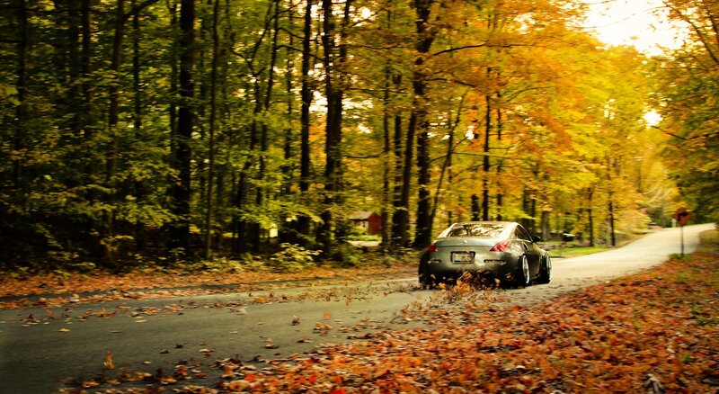 Car driving on autumn road