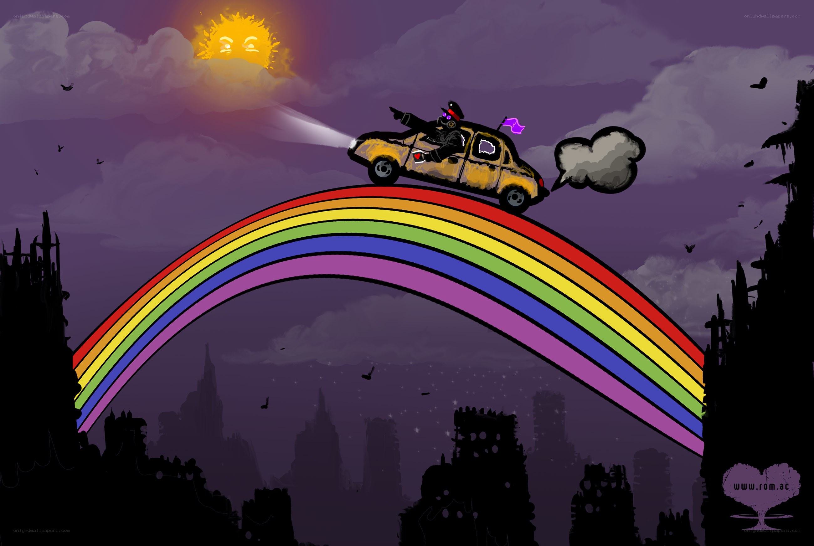 Car driving on rainbow bridge