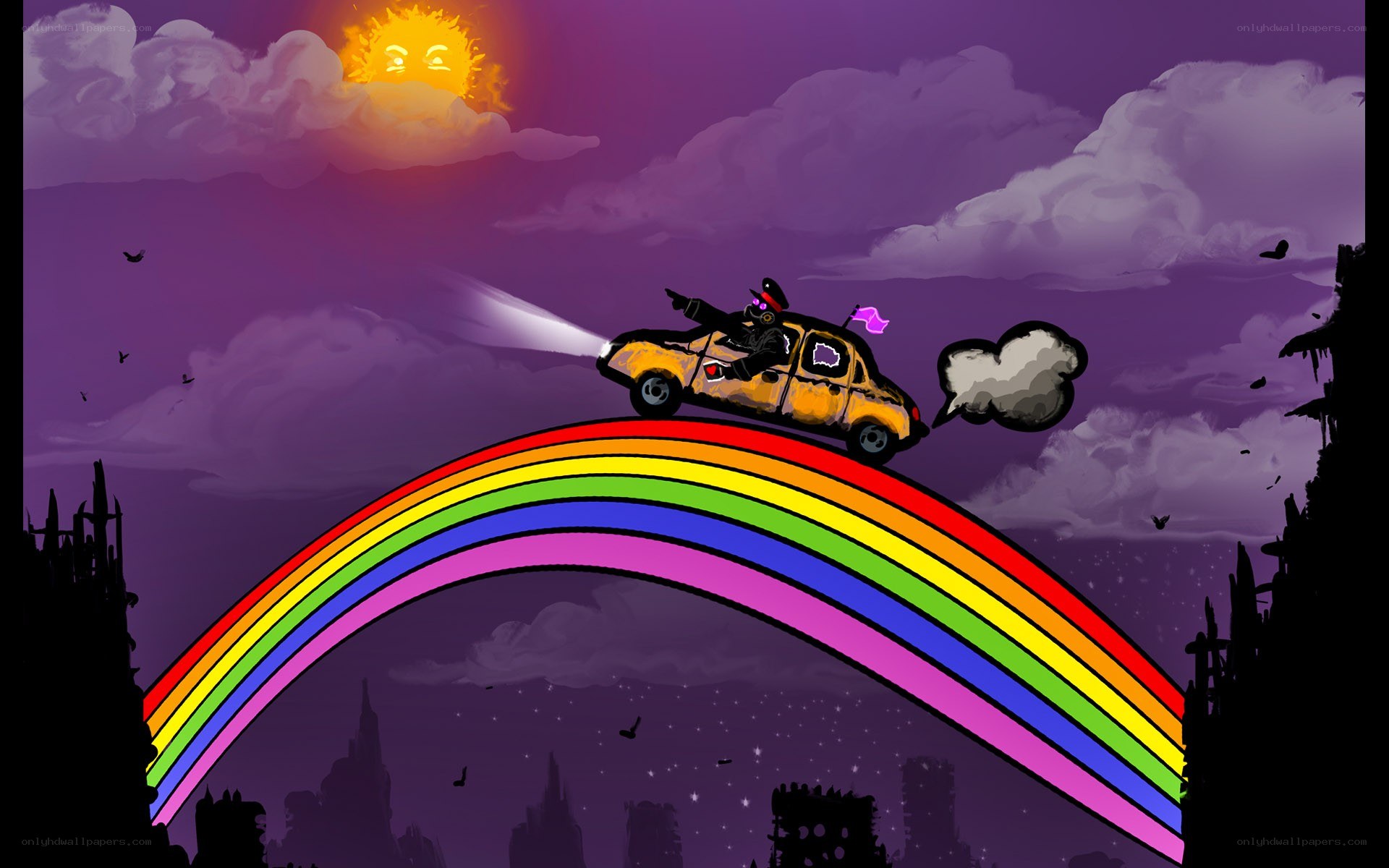 car driving on rainbow bridge