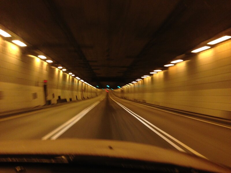 Car Driving Through Tunnel — Yellow, Dark, Night, Photograph