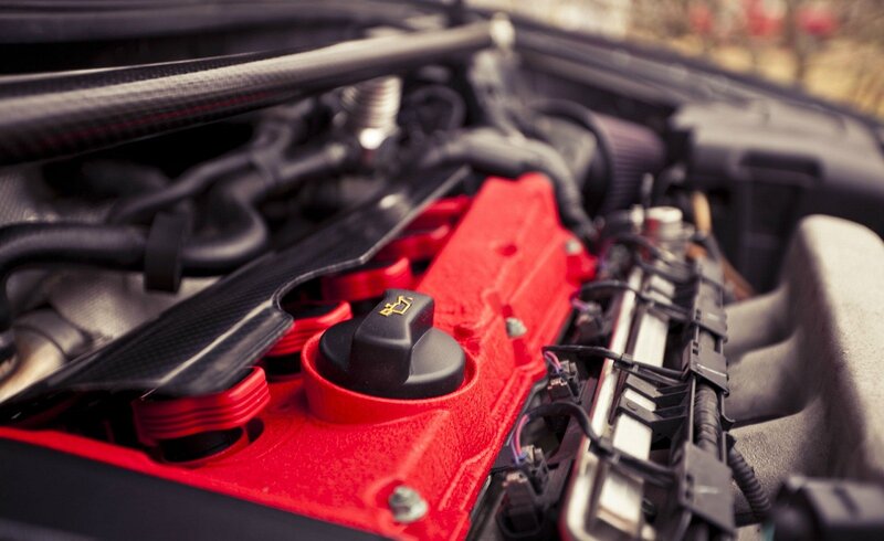 Car Engine Bay — Red, Technical, Photograph, Engine Cover
