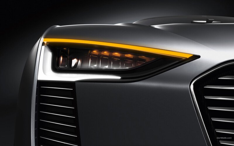 Car Headlight and Grille — Black, Dramatic, Photograph, Hood