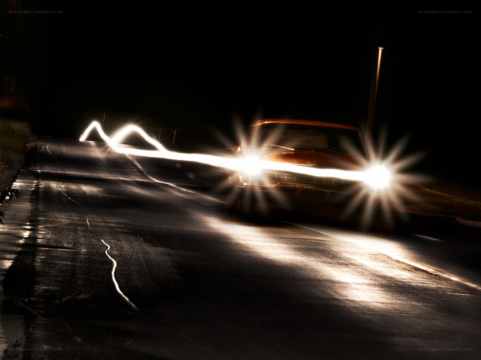 Car headlights at night
