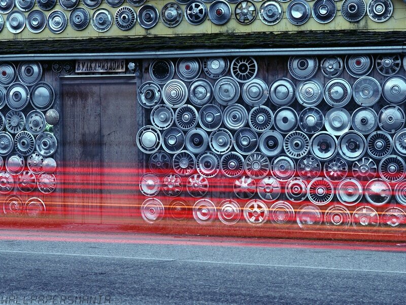 Car hubcaps wall art