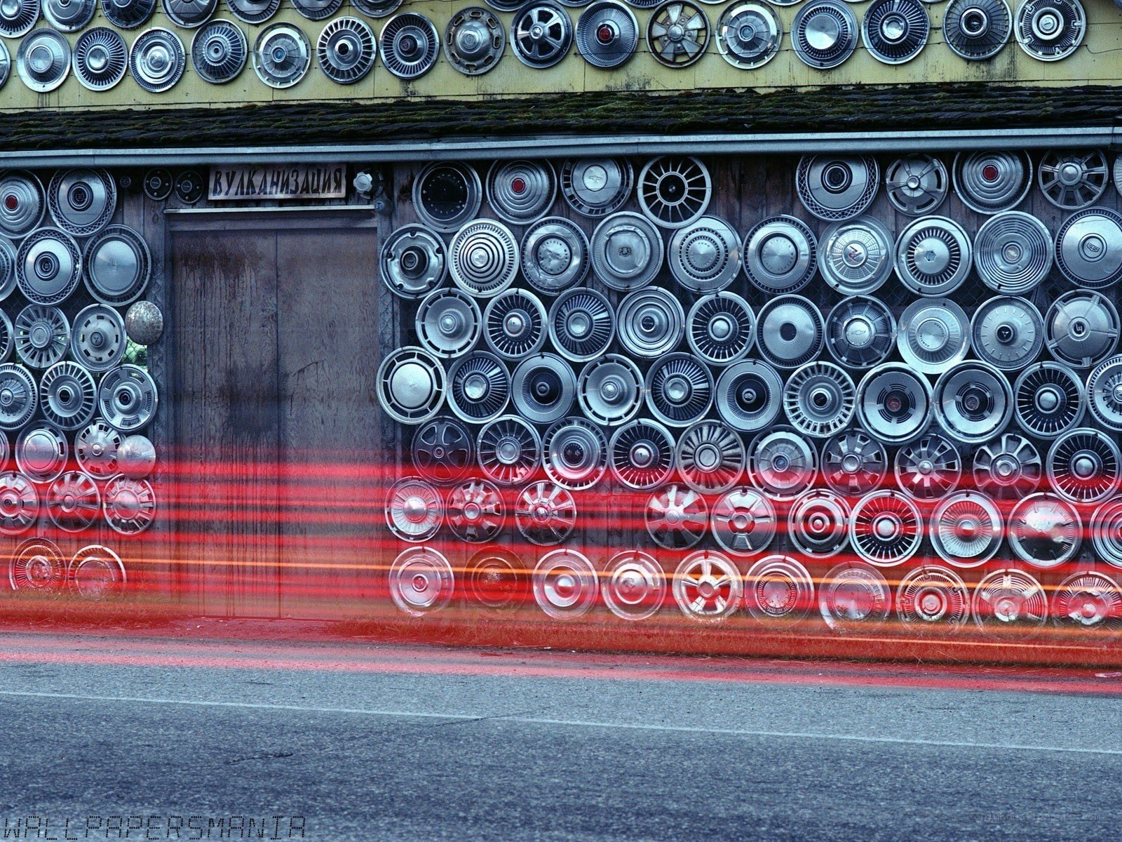 Car hubcaps wall art