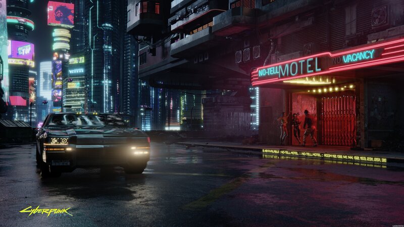 Car in Neon-lit Street